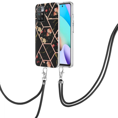 Phone case with lanyard, black geometric floral TPU cover with rose-gold lines