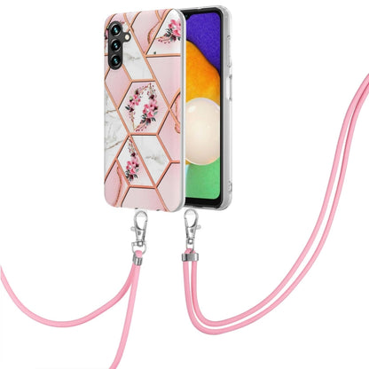 Phone case with lanyard, light pink geometric floral TPU cover with rose detailing