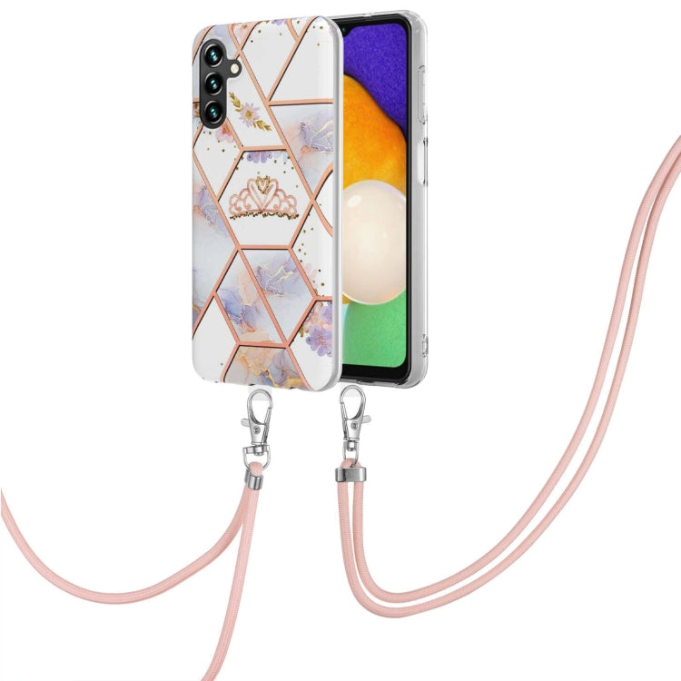 Phone case with lanyard, white geometric floral TPU cover with pink heart pattern