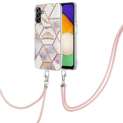 Phone case with lanyard, white geometric floral TPU cover with pink heart pattern