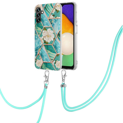 Phone case with lanyard, teal geometric flower TPU cover with light floral accents