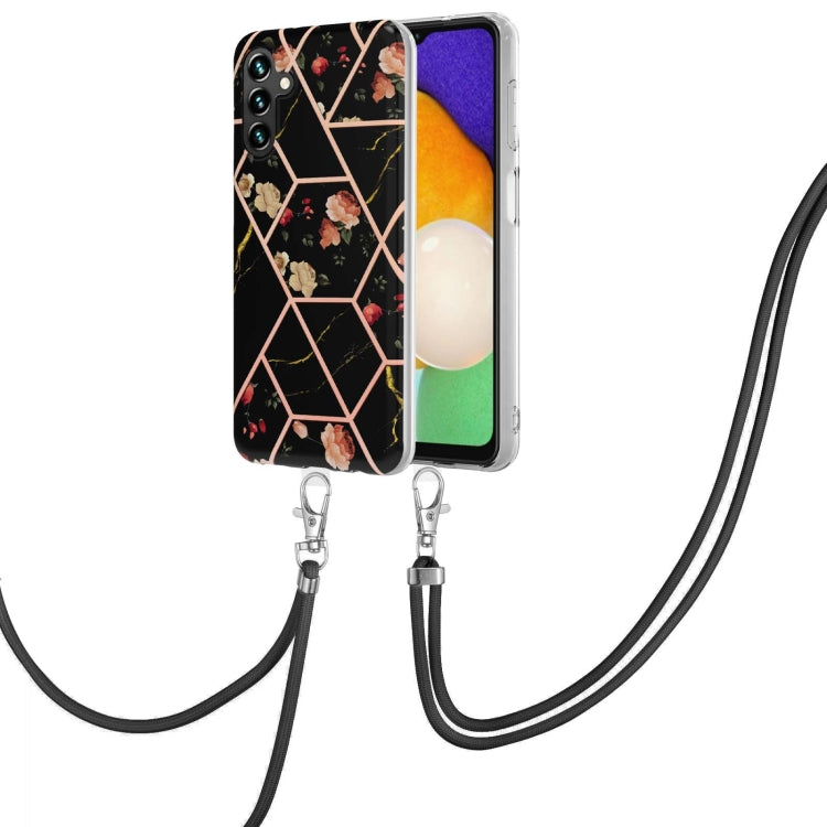 Phone case with lanyard, black geometric floral TPU cover with rose-gold line accents