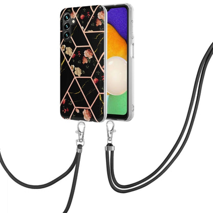 Phone case with lanyard, black geometric floral TPU cover with rose-gold line accents