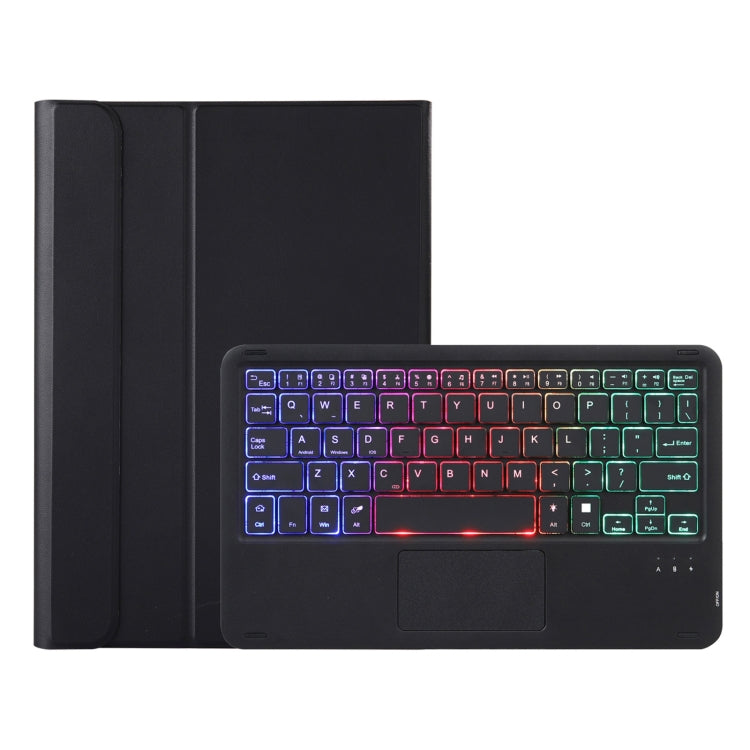 Black leather tablet keyboard case with tri-color backlit keys and touchpad