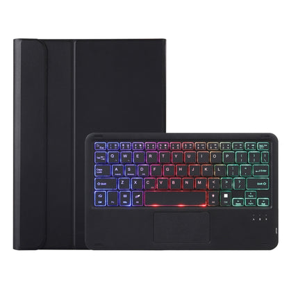 Black leather tablet keyboard case with tri-color backlit keys and touchpad