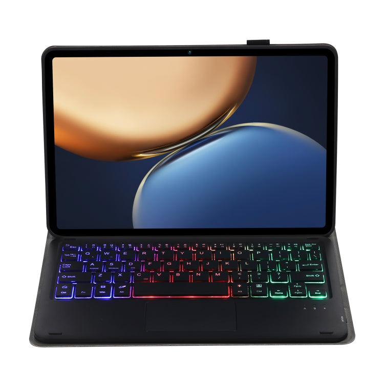 Black folio tablet keyboard case with tri-color backlit keyboard and open screen stand