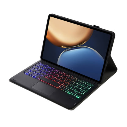 Black tablet keyboard case with tri-color backlit keys, touchpad, and kickstand