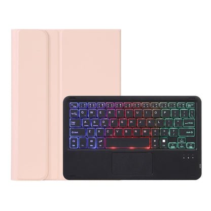 Pink leather tablet keyboard case with tri-color backlit keys and touchpad