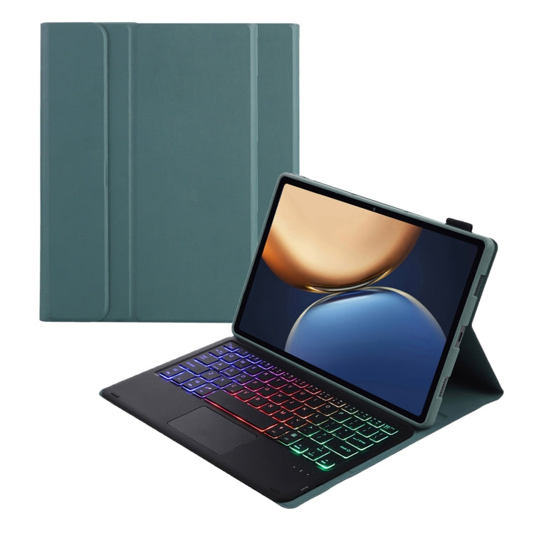 Dark teal leather tablet keyboard case with tri-color backlit keyboard and kickstand