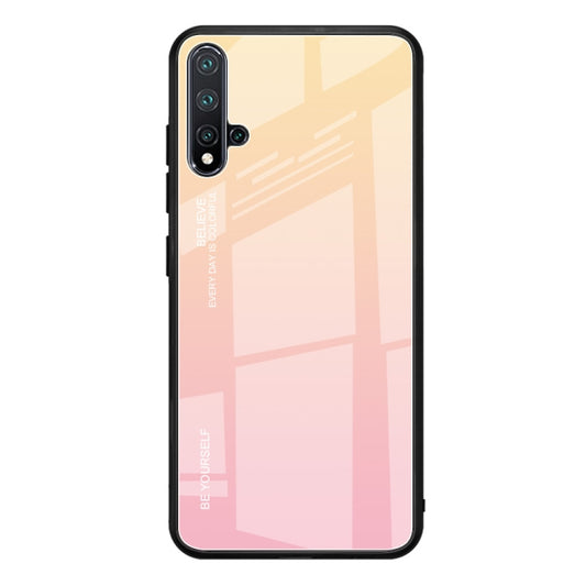 Gradient glass phone case with yellow-to-pink back and camera cutouts