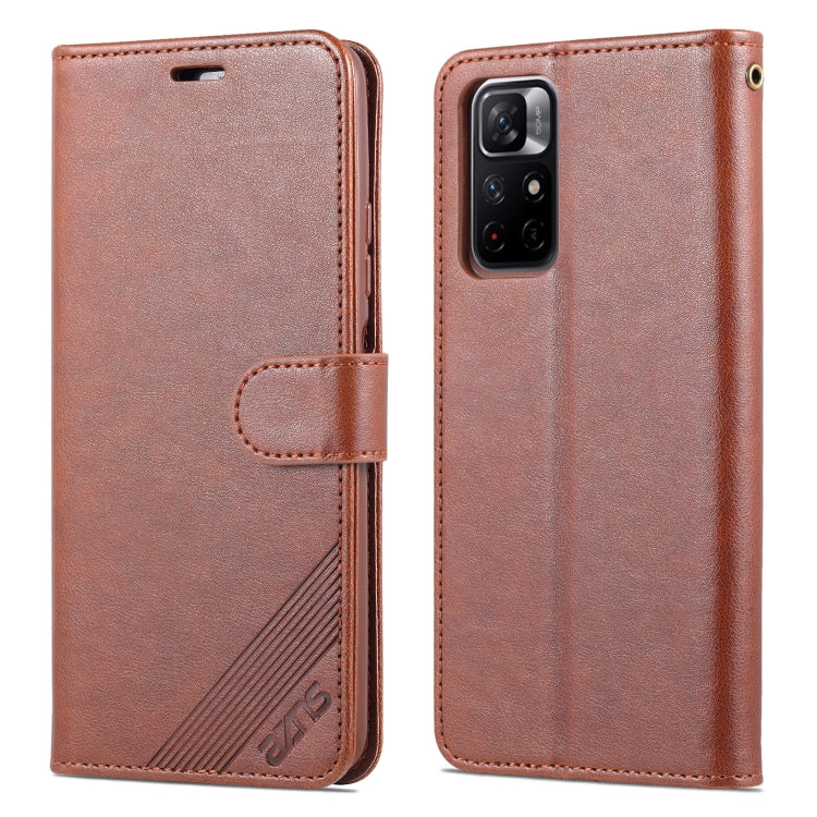 Brown leather flip phone case with magnetic strap and cutouts for camera and ports