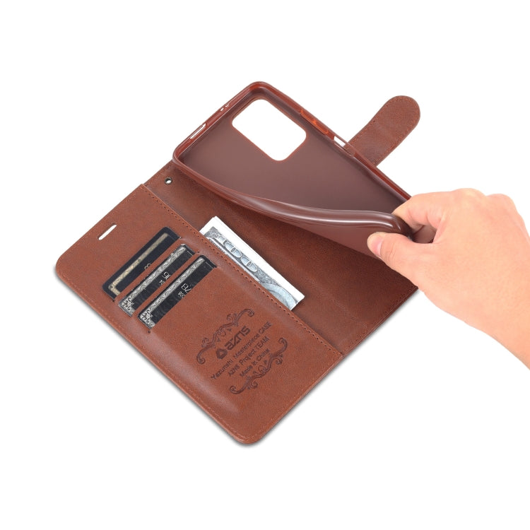 Brown leather flip case interior with card slots and hand holding the open cover