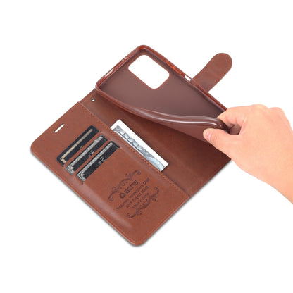 Brown leather flip case interior with card slots and hand holding the open cover