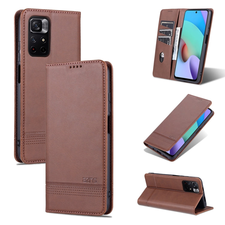 Dark brown leather flip phone case with card slots and magnetic holder for Xiaomi Redmi Note 11