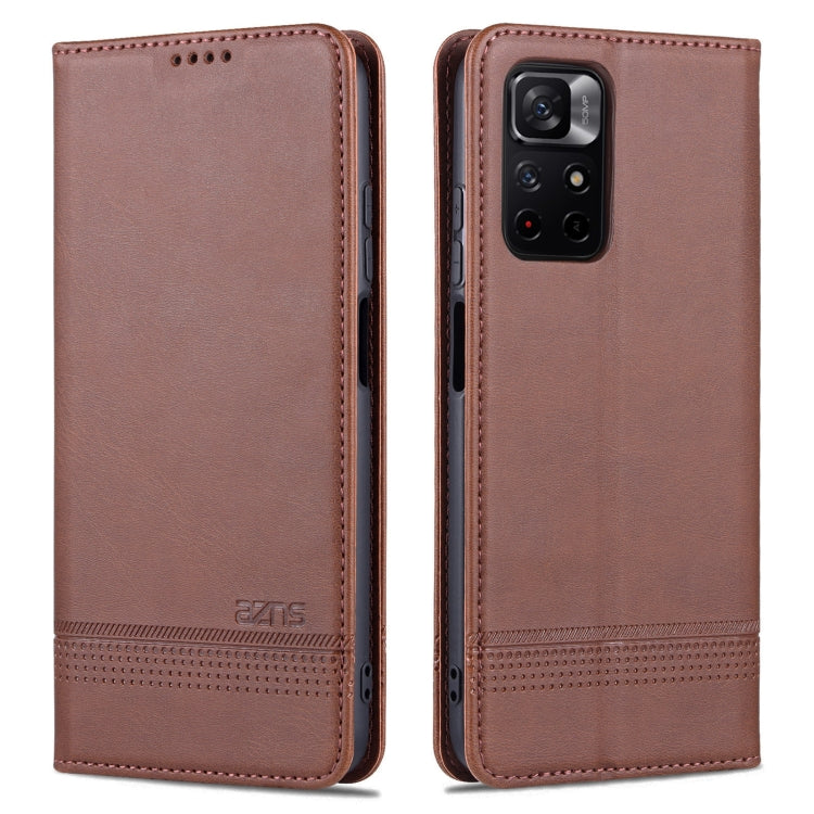 Dark brown leather flip phone case with stitched edges and card-slot panel for Xiaomi Redmi Note 11
