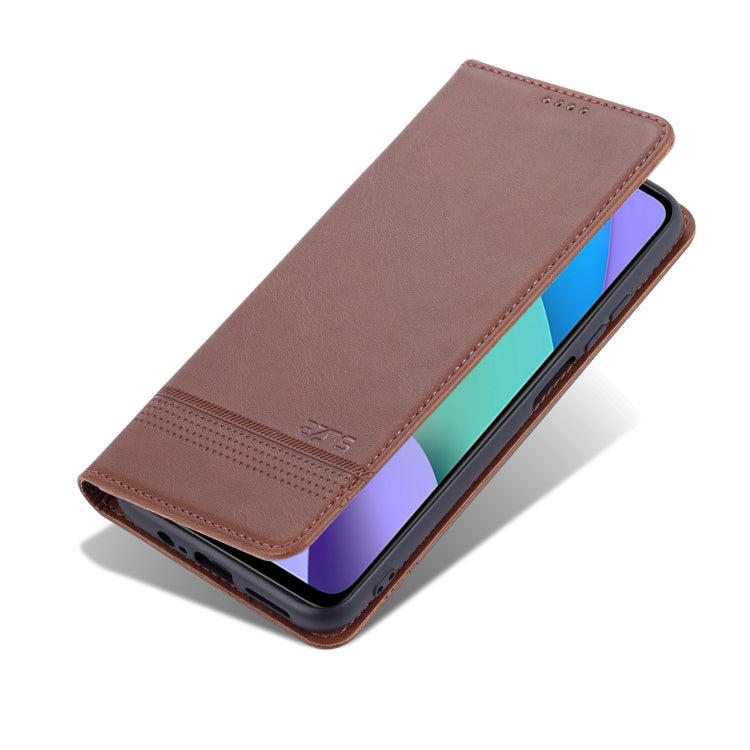 Dark brown leather flip phone case with horizontal flip cover and front camera cutout