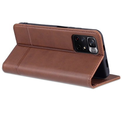 Dark brown leather flip phone case with stand cover and camera cutouts for Xiaomi Redmi Note 11