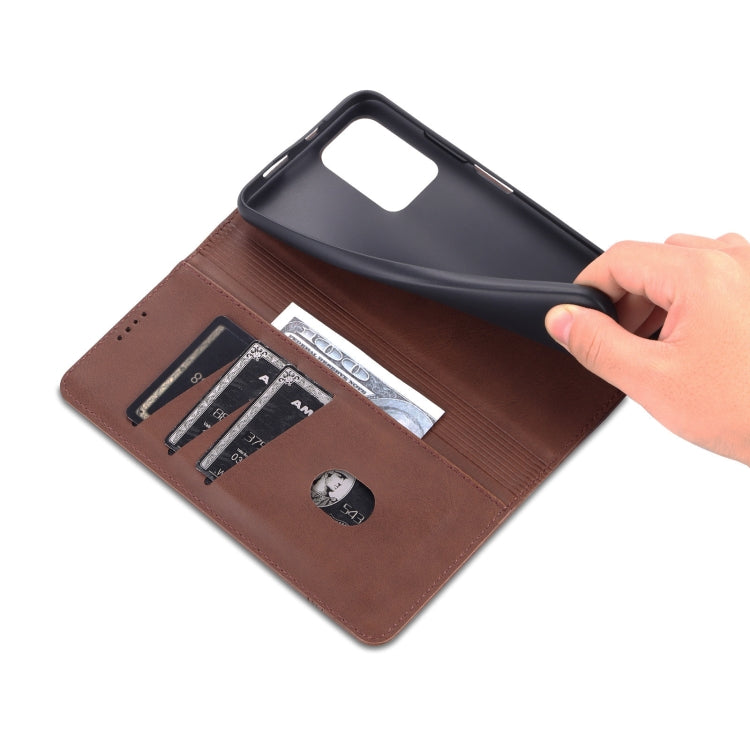 Dark brown leather flip phone case with card slots and opening for rear access