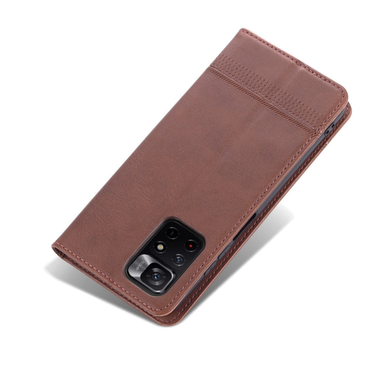 Dark brown leather flip phone case with textured stitching and camera cutout for Xiaomi Redmi Note 11