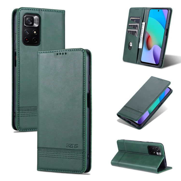 Dark green leather flip phone case with card slots and magnetic holder for Xiaomi Redmi Note 11