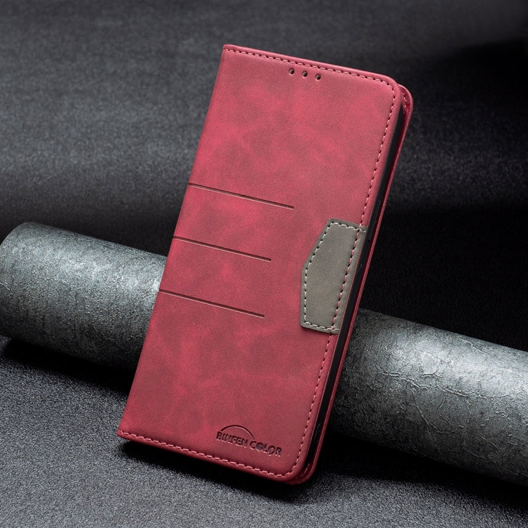 Red leather wallet phone case with card pocket and stitched flip cover