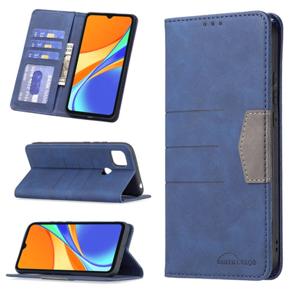 Blue magnetic leather phone wallet case with card slots and flip-stand, side cutouts