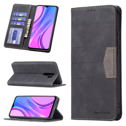 Dark gray magnetic leather phone case with card slot and flip stand, open and side view
