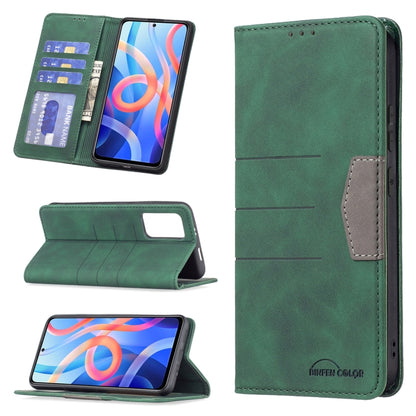 Green leather phone wallet case with magnetic closure, card slots, and kickstand