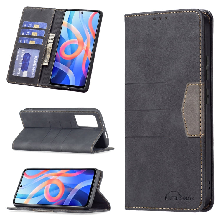 Dark gray magnetic leather phone case with card slot and flip stand, open and front view