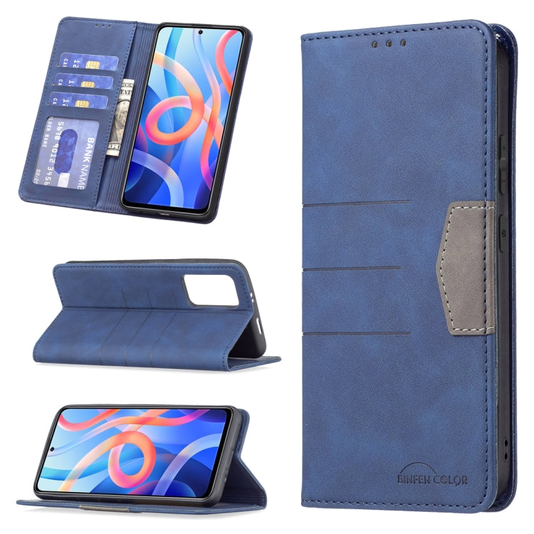 Blue magnetic leather phone wallet case with card slots and flip-stand, side cutouts