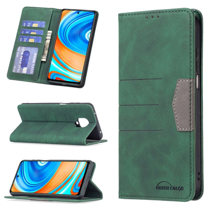 Green leather phone wallet case with magnetic closure, card slots, and gray inner cover
