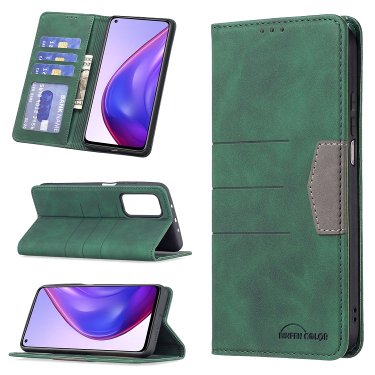 Green leather phone wallet case with magnetic closure and kickstand, gray inner panel