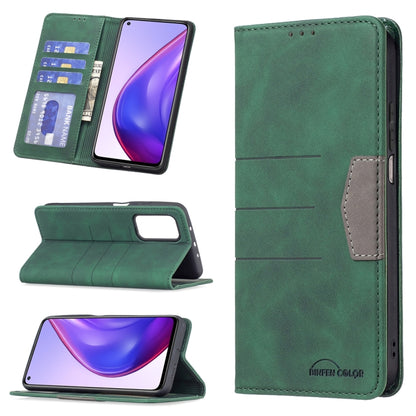 Green leather phone wallet case with magnetic closure and kickstand, gray inner panel