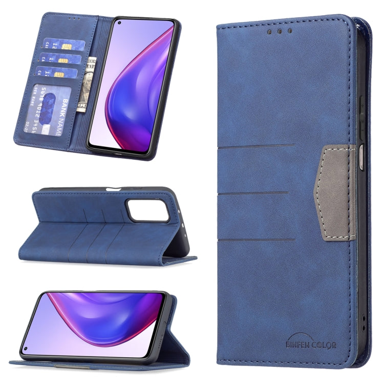 Blue magnetic leather phone wallet case with card slots and flip-stand, side cutouts