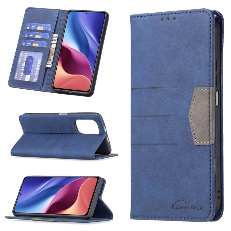 Blue magnetic leather phone wallet case with card slots and flip-stand, side cutouts