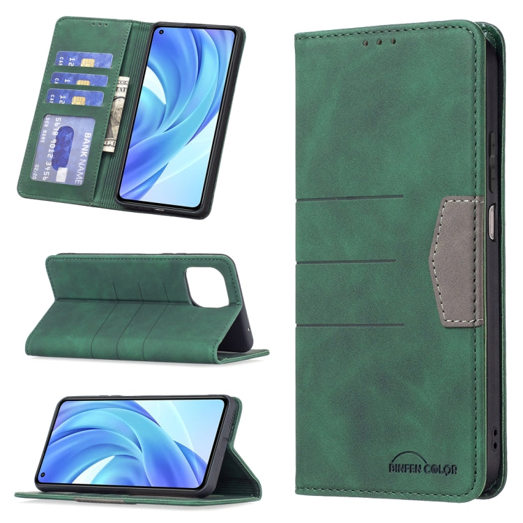 Green leather phone wallet case with magnetic closure, card slots, and front kickstand