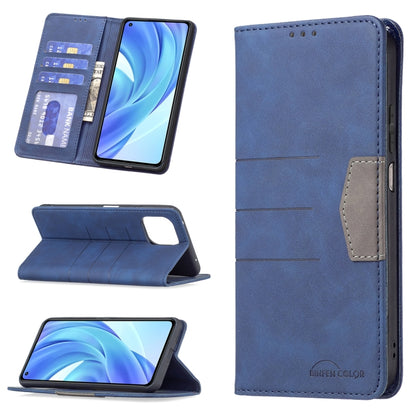 Blue magnetic leather phone wallet case with card slots and flip-stand, side cutouts