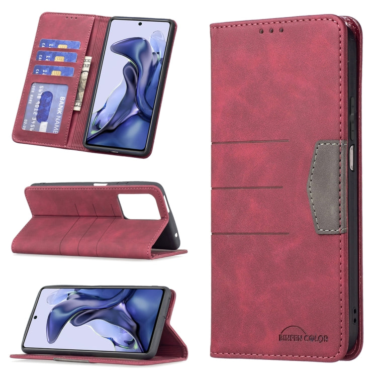 Magnetic leather phone case with folio card slots and kickstand, red