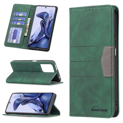 Green leather phone wallet case with magnetic closure, card slots, and gray inner stitching