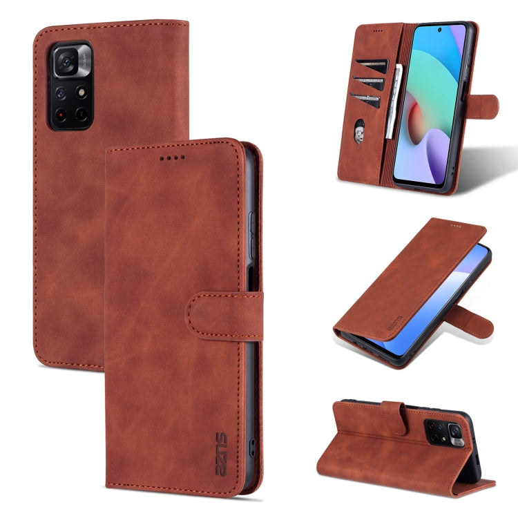 AZNS flip leather phone case with card slots and wallet, brown—front and back views