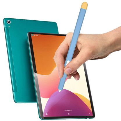 Blue stylus protective case in hand next to a tablet device