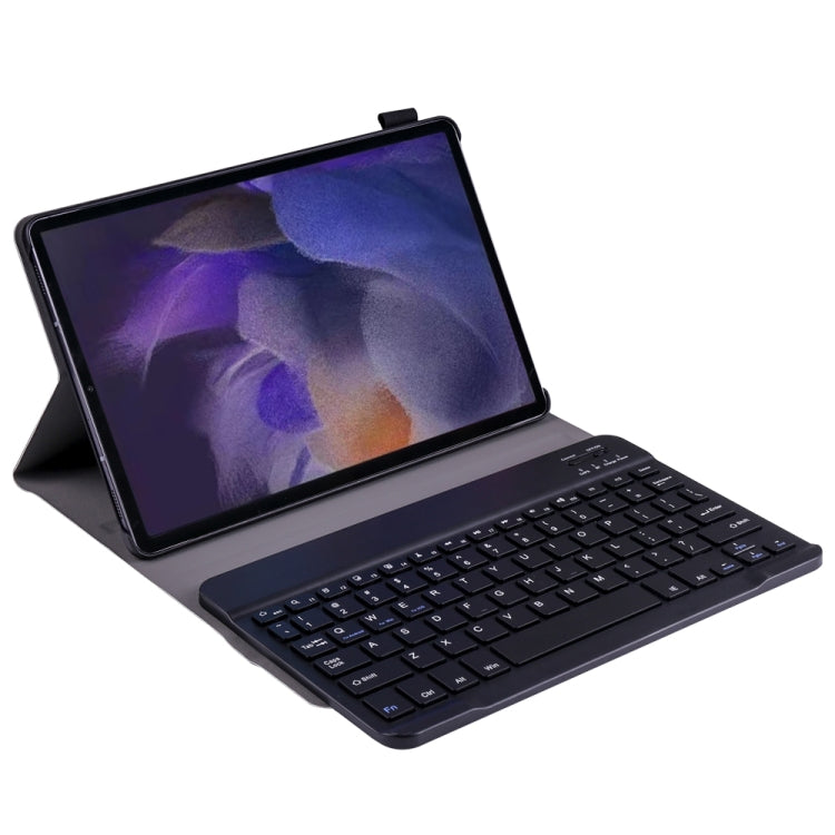 Ultra-thin Bluetooth keyboard leather case in dark finish, tablet propped for typing