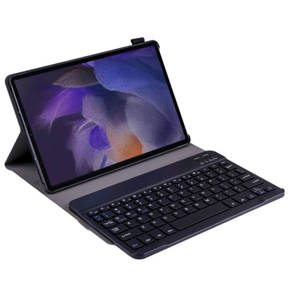 Ultra-thin Bluetooth keyboard leather case in dark finish, tablet propped for typing