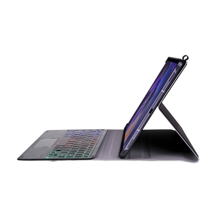 Black tablet keyboard case with trackpad, stand folded for typing