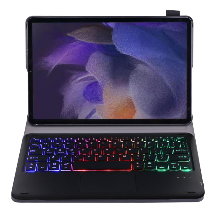 Black tablet keyboard case with multi-color backlit keys and trackpad