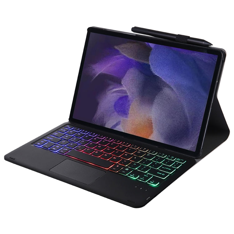 Black tablet keyboard case angled for typing, trackpad visible