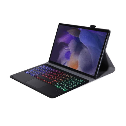 Black tablet keyboard case with stand, showing backlit keyboard and trackpad