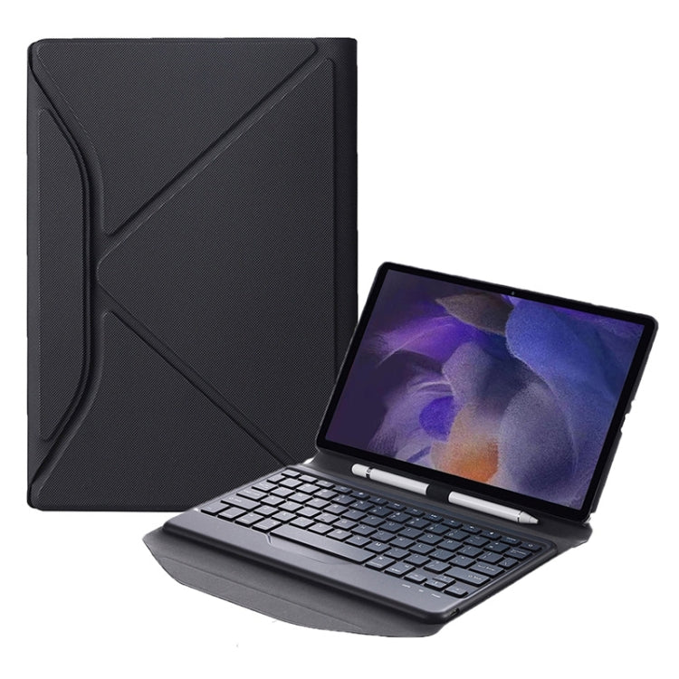 Black leather-look tablet keyboard case with triangle stand, cover open