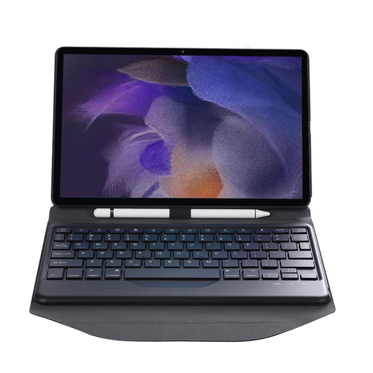 Black keyboard folio case with tablet supported above keys on stand