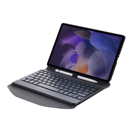 Black tablet keyboard case open on angled stand with trackpad area visible